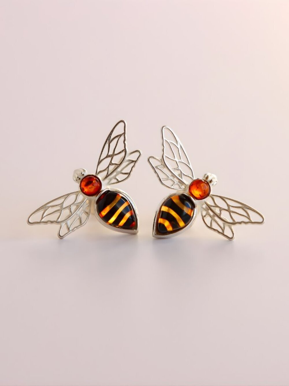 Baltic Amber Bee Earrings in Sterling Silver
